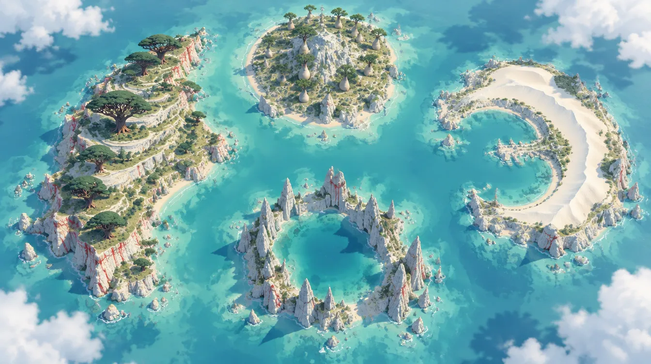 Peta The Dragonsblood Isles dari atas: empat pulau di laut pirus